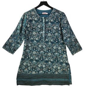 Fabindia Silk Blend Kurti Tunic Top Medium Metallic Wood Block Print Buttons